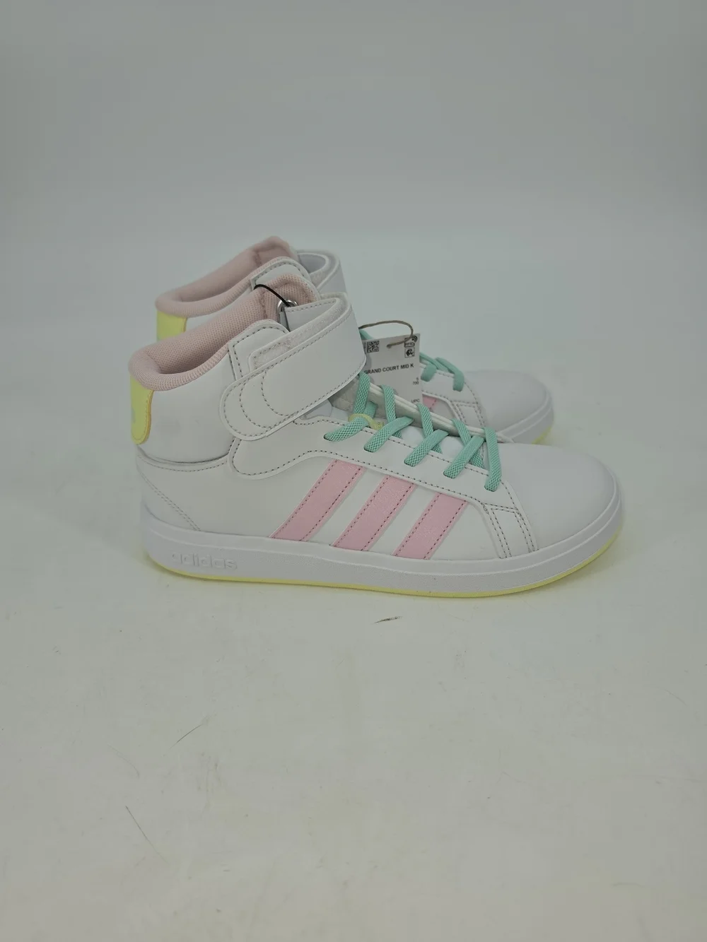 Adidas High-Top Sneakers in White with Pink Stripes and Mint Laces Y 5.5 W 7.5